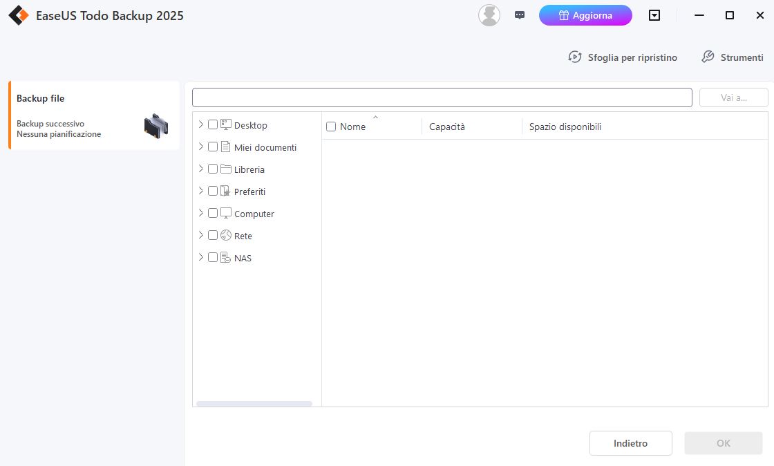 Schermata EaseUS Todo Backup - Destinazione e Programmazione